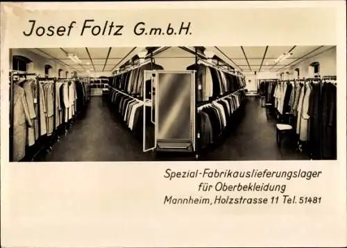 Ak Mannheim in Baden, Josef Foltz G.b.b.H., Fabrikauslieferungslager Oberbekleidung, Holzstraße 11
