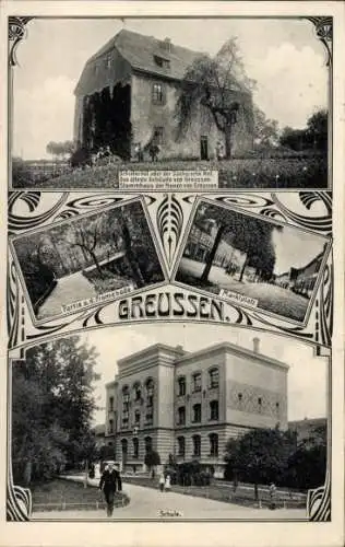 Jugendstil Ak Greußen in Thüringen, Marktplatz, Schule, Schieferhof, Sächsischer Hof, Promenade