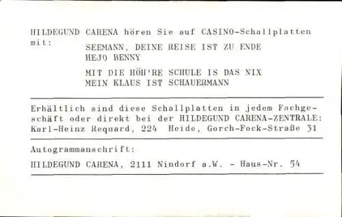 Ak Schauspielerin Hildegund Carena, Portrait, Autogramm