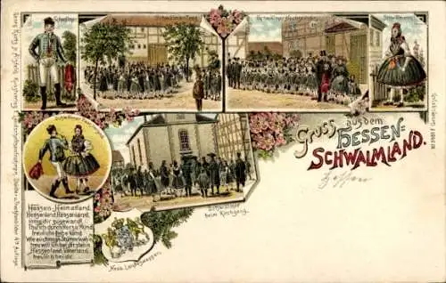 Litho Gruß aus dem Hessen Schwalmland, Trachten, Kirchgang, Landeswappen