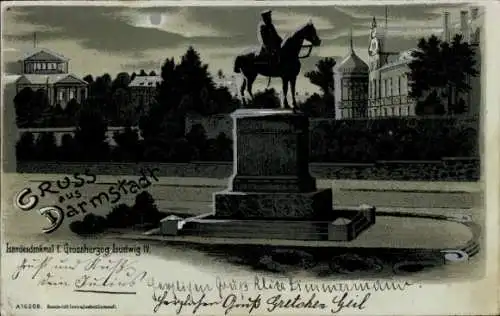 Mondschein Litho Darmstadt in Hessen, Landesdenkmal f. Großherzog Ludwig IV