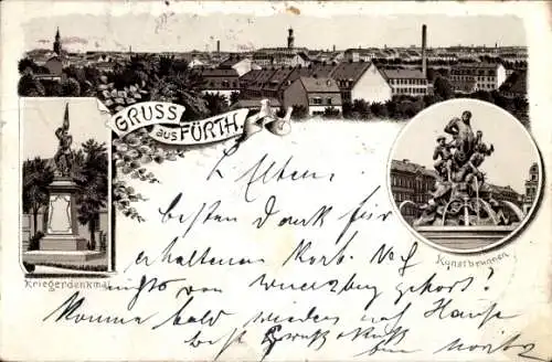 Litho Fürth in Mittelfranken Bayern, Kriegerdenkmal, Kunstbrunnen