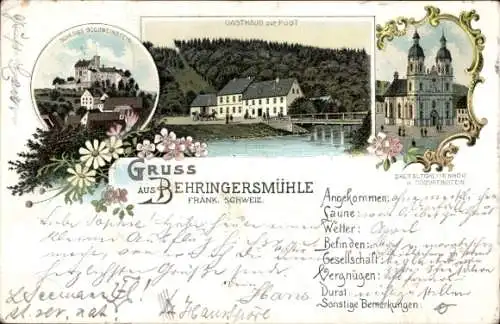 Litho Behringersmühle Gößweinstein Oberfranken, Gasthaus zur Post, Schloss, Dreifaltigkeitskirche