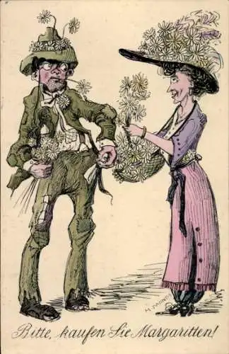 Künstler Ak Mönch, H., Blumenverkäuferin, Kunde, Bitte, kaufen Sie Margaritten