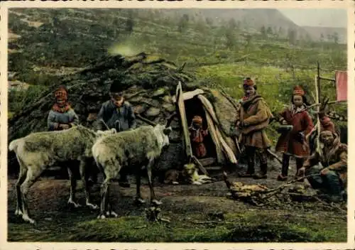 Ak Norwegen, Lappland, Familie, Norwegische Tracht, Rentier