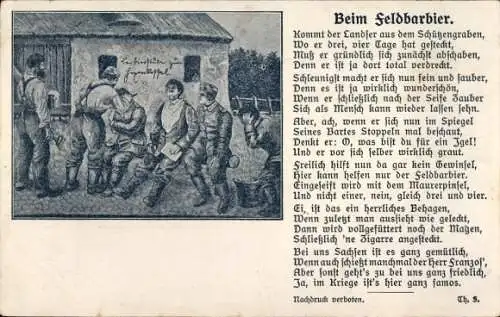 Ak Beim Feldbarbier, Kommt der Landser aus dem Schützengraben, Gedicht