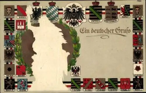 Präge Wappen Litho Ein deutscher Gruß, Landeswappen, Germania