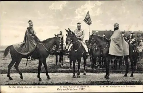 Ak Kaiser Wilhelm II., König Friedrich August III. von Sachsen, Kronprinz Georg, Kaisermanöver 1912