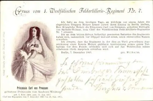 Ak Prinzessin Carl von Preußen, 1. Westfälisches Feldartillerie Regiment Nr. 7