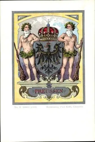 Wappen Litho Königreich Preußen, Preußischer Adler, Krone, Wilder Mann, Eichenlaub