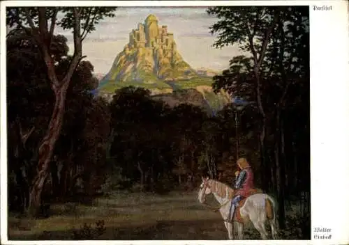 Künstler Ak Einbeck, Walter, Parsifal, Reiter auf einem Pferd, Schloss