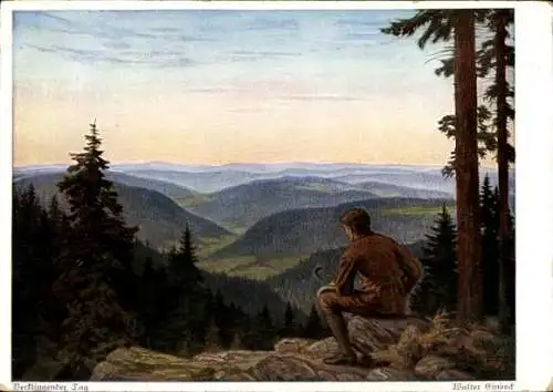 Künstler Ak Einbeck Walter, Verklingender Tag, Mann auf einem Felsen