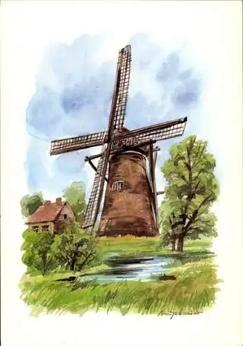 Künstler Ak Windmühle, Haus, Fluss