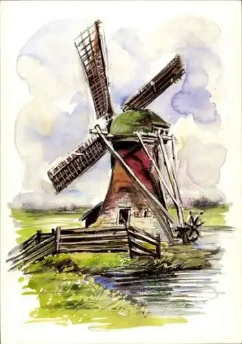 Künstler Ak Windmühle, Zaun, Fluss