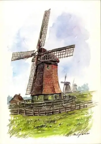 Künstler Ak Windmühle, Zaun, Haus