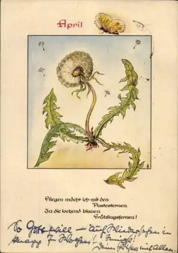 Künstler Ak Monat April, Fliegen möcht ich mich den Pustestepnen, Schmetterling