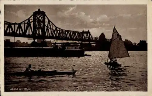Ak Duisburg im Ruhrgebiet, Abend, Rheinbrücke Ruhrort Homberg, Segelboot
