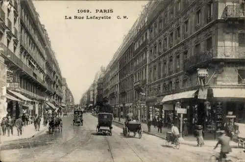 Ak Paris IX., La Rue Lafayette, Geschäfte, Kutschen