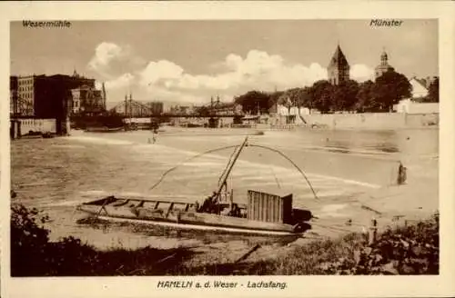 Ak Hameln Weser, Lachsfang, Wesermühle, Münster, Wehr