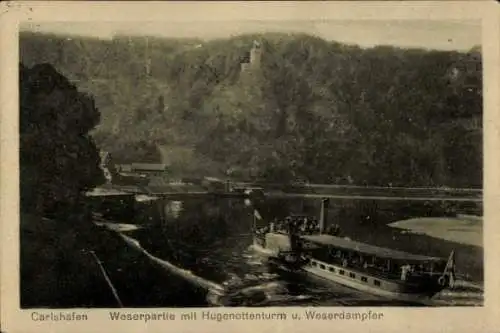 Ak Bad Karlshafen an der Weser, Weser mit Hugenottenturm und Dampfer