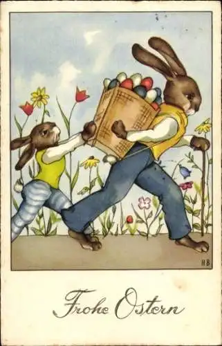 Künstler Ak Glückwunsch Ostern, Osterhase, Korb, Ostereier