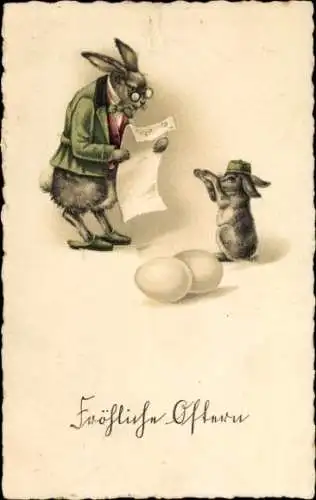 Ak Glückwunsch Ostern, Hase liest einen Brief vor, Ostereier