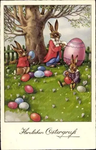 Ak Glückwunsch Ostern, Osterhasen bemalen Eier