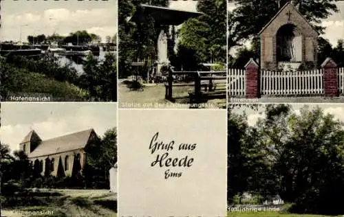 Ak Heede in Schleswig Holstein, Hafen, Statue auf der Erscheinungsstelle, Ehrenmal, Kirche