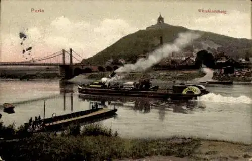 Ak Porta Westfalica an der Weser, Wittekindsberg, Brücke, Dampfschiff