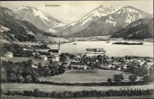 Ak Schliersee in Oberbayern, Panorama, Berge, Kirche