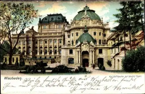 Ak Wiesbaden Hessen,  Königl. Hoftheater mit neuem Foyer