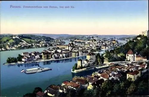 Ak Passau in Niederbayern, Panorama, Donau, Inn, Ilz, Dampfer