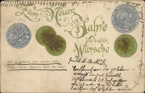 Präge Litho Glückwunsch Neujahr, Münzen