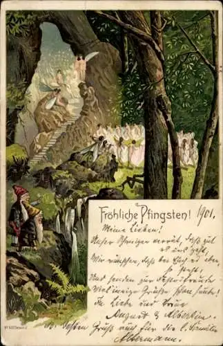 Litho Glückwunsch Pfingsten, Zwerge, Feengestalten, Fest