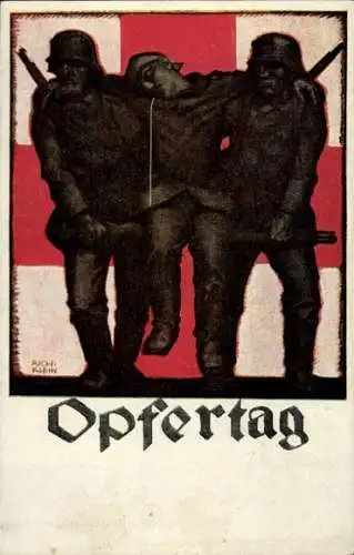 Künstler Ak Klein, Rich., Opfertag 1917, Bayer. Landeskomitee vom Roten Kreuz, verwundeter Soldat
