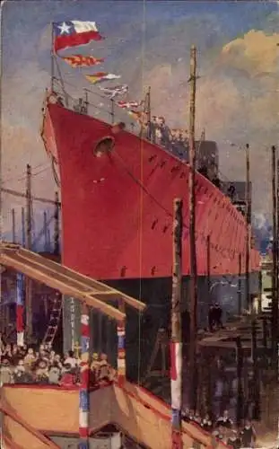 Künstler Ak Chilenisches Kriegsschiff, Stapellauf, Zerstörer Serrano