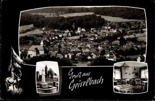 Ak Geiselbach in Unterfranken, Gesamtansicht, Kirche, Brunnen, Gasthaus Grüner Baum