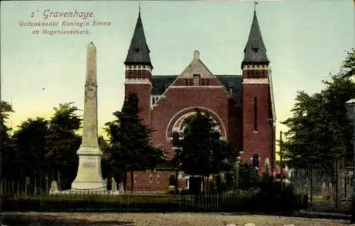 Ak 's Gravenhage Den Haag Südholland, Regentessekerk, Gedenknaald Koningin Emma