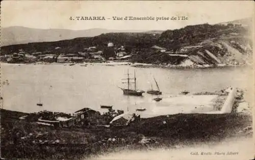 Ak Tabarka Tunesien, Überblick von der Insel, Segelschiff