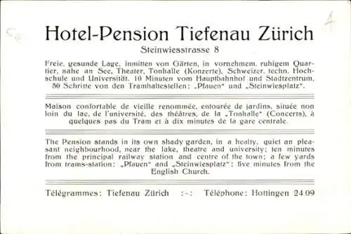 Litho Zürich Stadt Schweiz, Hotel-Pension Tiefenau