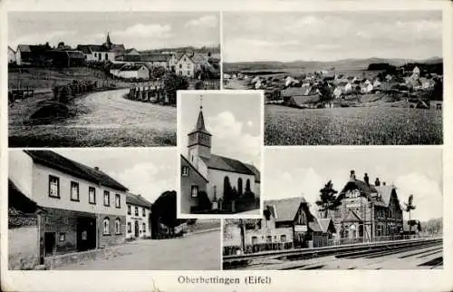 Ak Oberbettingen in der Eifel, Bahnhof, Gleisseite, Gasthaus zur Linde, Kirche, Totalansicht