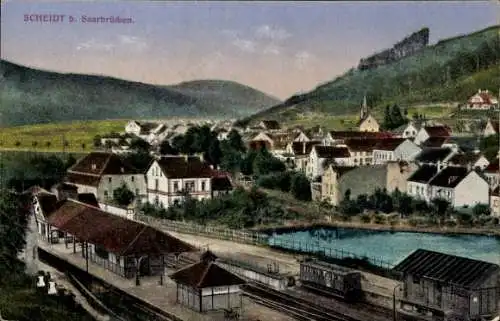 Ak Scheidt Saarbrücken im Saarland, Totalansicht, Bahnhof