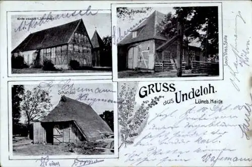 Ak Undeloh in der Lüneburger Heide, Kirche, Forsthaus, Schafstall