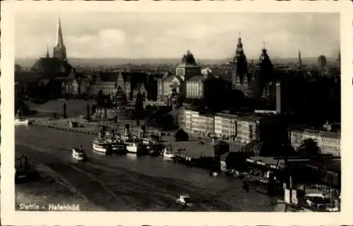 Ak Szczecin Stettin Pommern, Hafenbild, Dampfer, Boote, Kirchen, Hakenterrassen