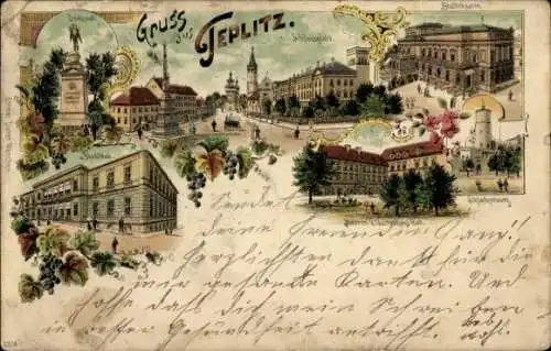 Litho Teplice Teplitz Schönau Reg. Aussig, Schlossplatz, Stadttheater, Stadtbad