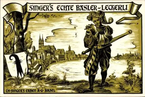 Künstler Litho Basel Stadt Schweiz, Singers echte Basler Leckerli, Musikant, Wappen
