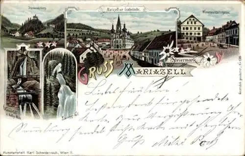 Litho Mariazell Steiermark, Gnadenkirche, Wasserfall, Gasse