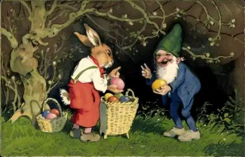 Künstler Ak Baumgarten, Fritz, Glückwunsch Ostern, Hase und Zwerg, Baum mit Gesicht