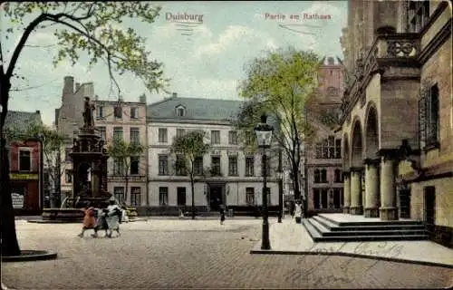 Ak Duisburg im Ruhrgebiet, Rathaus, Brunnen