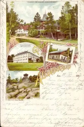 Litho Alexandersbad im Fichtelgebirge, Restauration Luisenburg, Kösseine, Schloss, Kurhaus